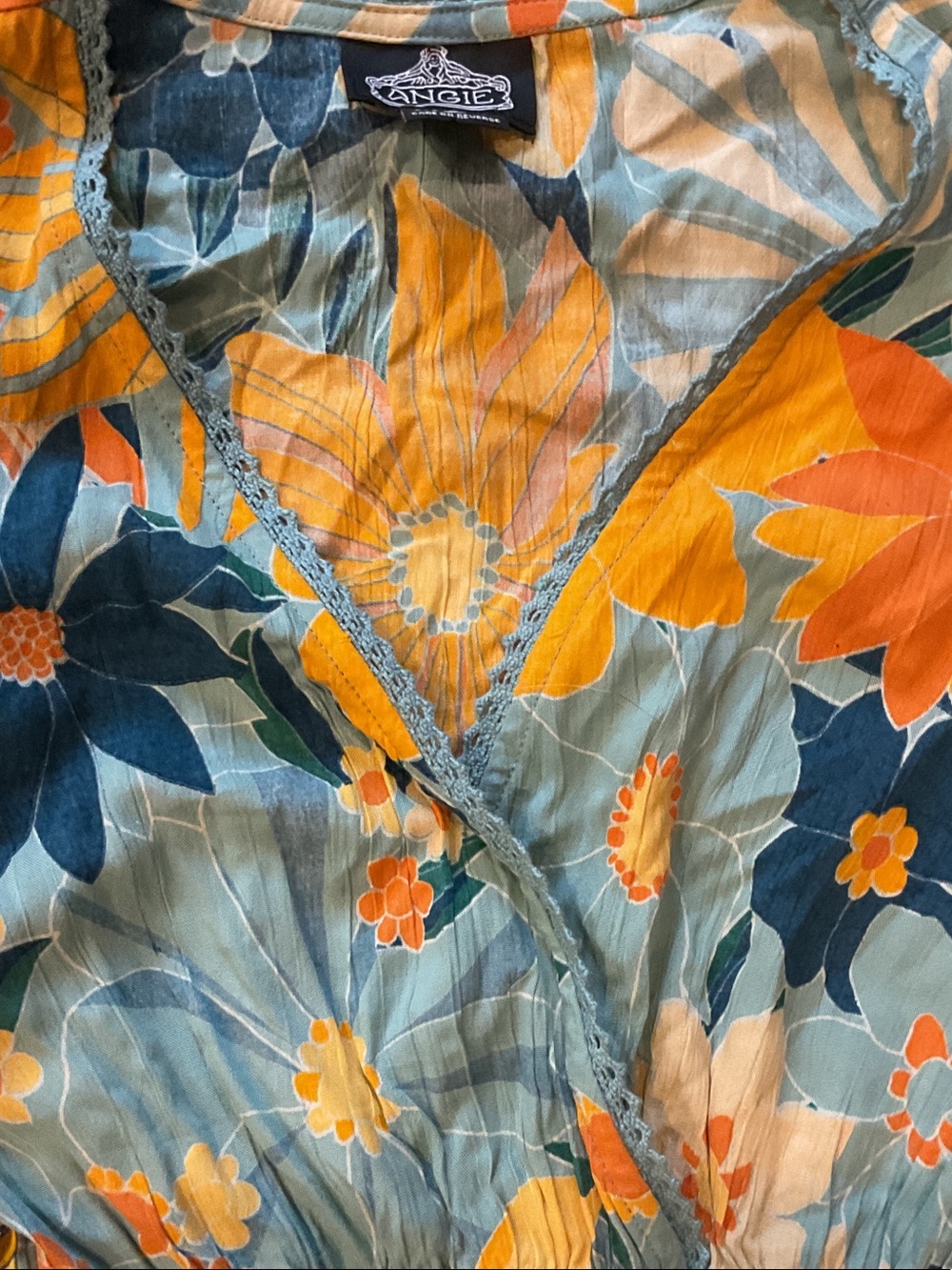 Angie Blue & Yellow Floral V-Neck Smocked Mini Dress Anthropologie Medium boho - Picture 5 of 14